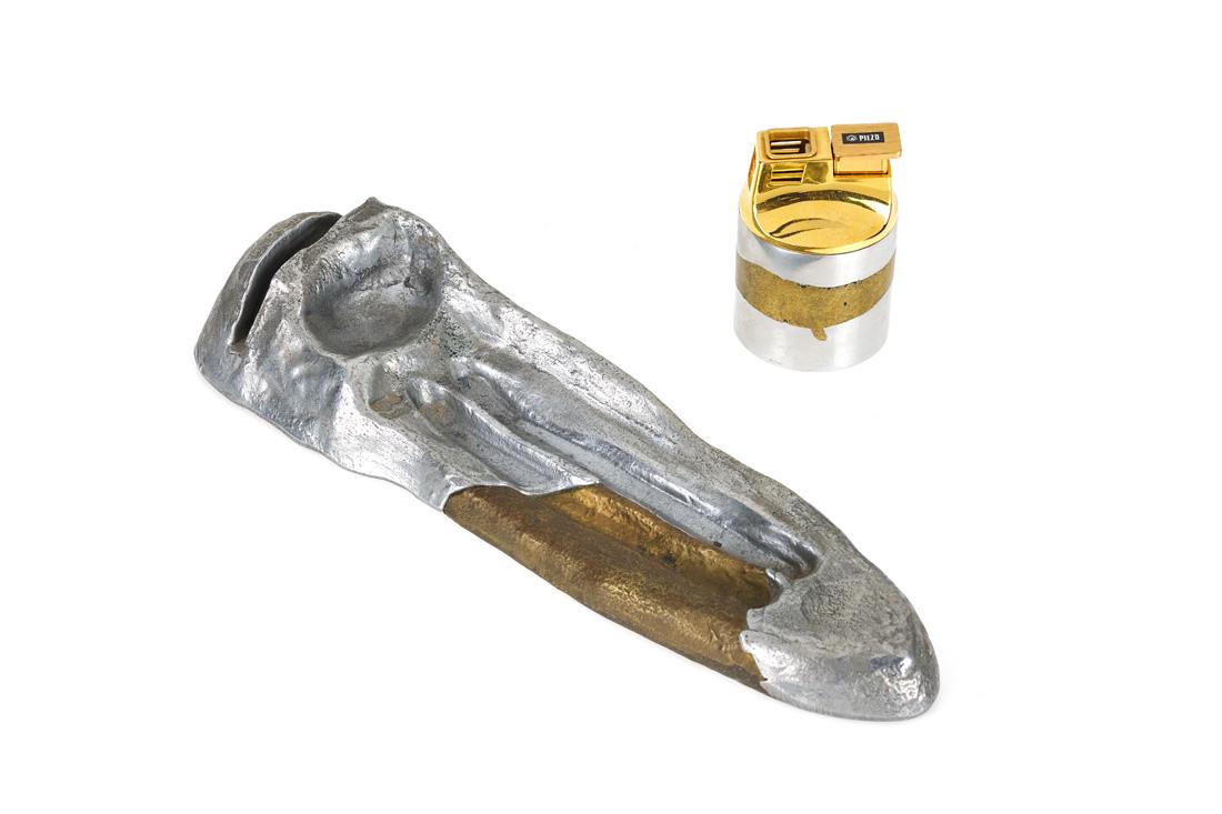 David Marshall Lighter & Pen Tray: A pen-tray with card holder made from aluminium and brass.Lighter made from aluminium and brass.1970sLighter:3"x2"x2" Pen Tray:11" x 3" x 2"