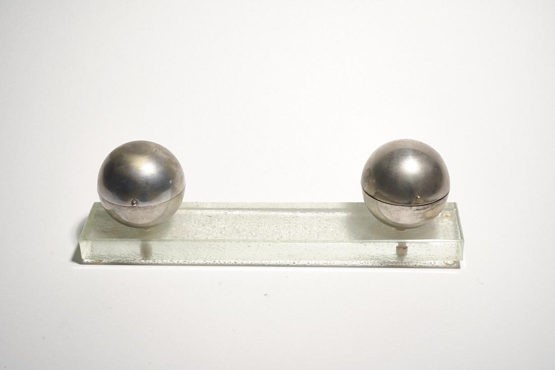 Modernist Inkwell, Style of J.Adnet: A glass and nickel plated modernist inkwell, in the style of Jacque Adnet. Pâtes de verre glass. 12" x 4" x 3.5"