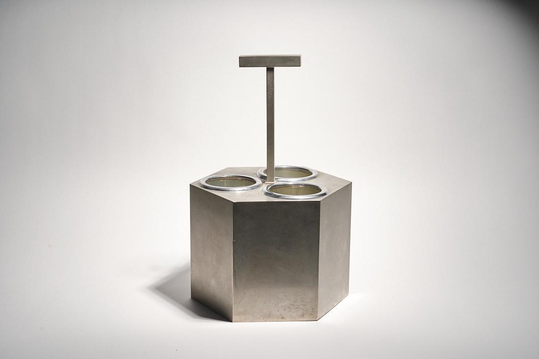 French Triple Bottle Cooler: A large modernist triple bottle cooler with handle, of French origin. Brushed Steel. 10.5" x 18" x 10.5"