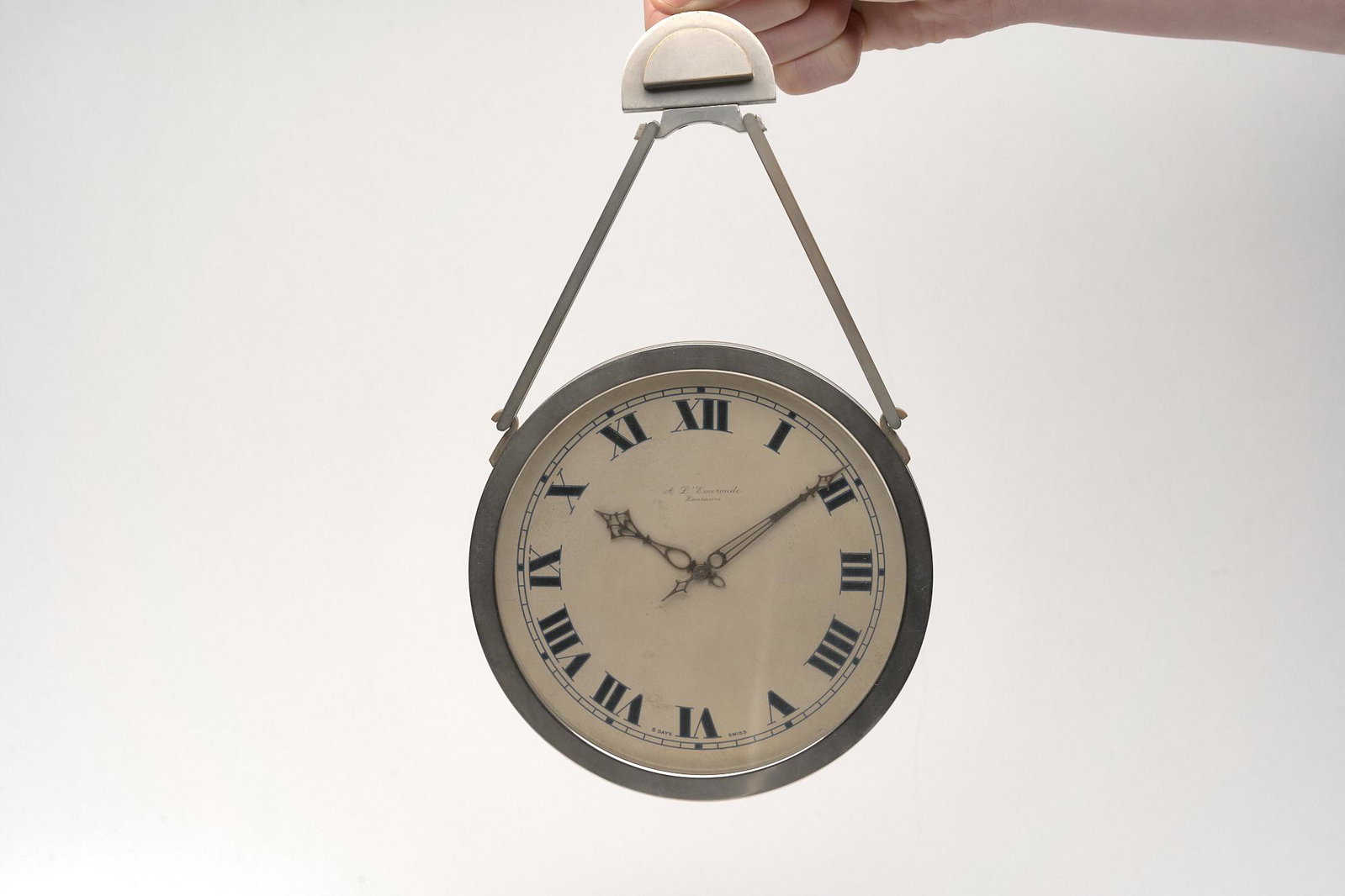 French Hanging Clock: 8-Day movement, Swiss. Nickel over steel. 1940s
