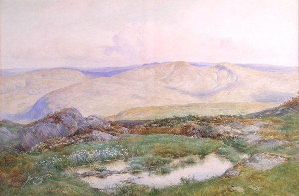 David Bates (1841-1921), 'Sunlight on the Welsh Hi: David Bates (1841-1921), 'Sunlight on the Welsh Hills', watercolour, signed, 23" x 35" David Bates was born in Cambridgshire, though his family moved to Worcestershire when he was still a child. He be