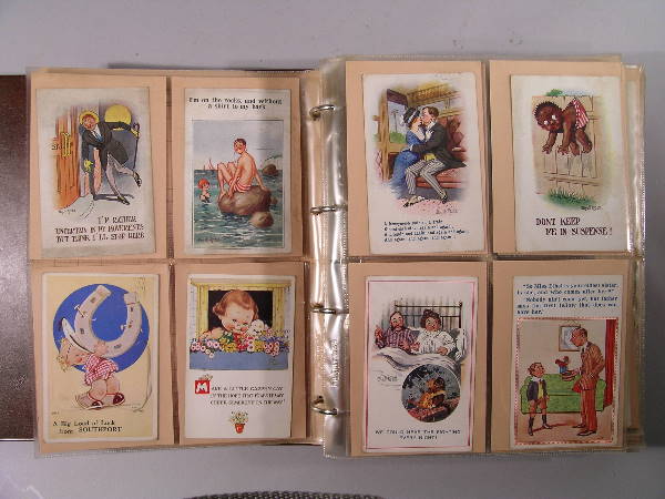 An album containing a collection of 200 cards, su: An album containing a collection of 200 cards, subject matter ranges from children's cards, including Mabel Lucy Atwell and Donald McGill originals, other subject matter includes early photographic po