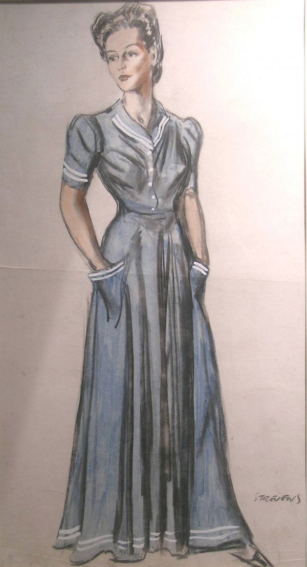 John Strevens, 'Portrait of a lady wearing a blue: John Strevens, 'Portrait of a lady wearing a blue dress', charcoal and wash drawing, signed, 74 cm x 40 cm