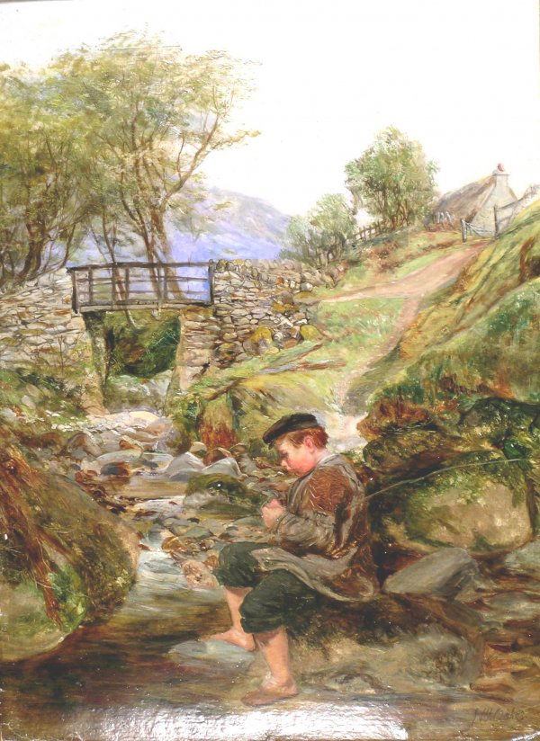 John Wright Oakes, 'The young angler', oil on boa: John Wright Oakes, 'The young angler', oil on board, signed, 40 cm x 30 cm