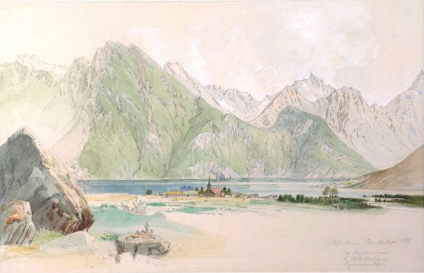 Attributed to Edward Lear (1812-1888), 'Bundalan': Attributed to Edward Lear (1812-1888), 'Bundalan' - an Alpine lake scene, pencil and wash drawing, dated 14th September 1871, inscribed indistinctly, 32cm x 46cm