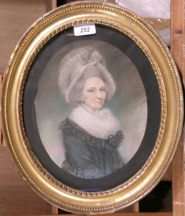 Circle of John Downman, 'Portrait of Elzabeth Wil: Circle of John Downman, 'Portrait of Elzabeth Wilson wearing lace bonnet and shawl', pastel drawing, oval, 25cm x 20cm