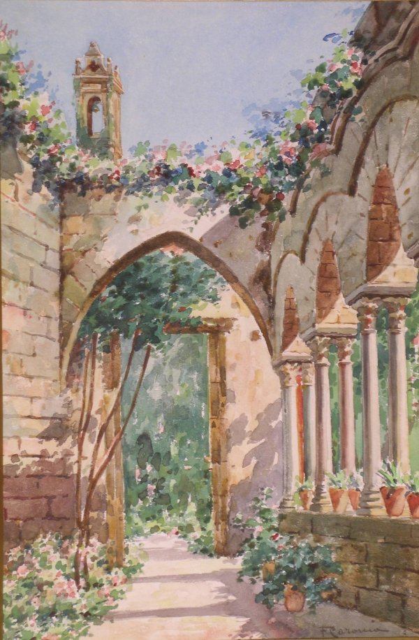 F Caronia, 'A sunlit terrace', watercolour, signed