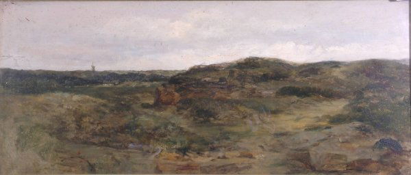 John Wright Oakes ARA, 'An Anglesey landscape wit: John Wright Oakes ARA, 'An Anglesey landscape with distant cottage and windmill', oil on panel, 21cm x 46.5cm