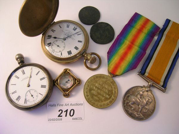 A Thomas Russell gold plated cased pocket watch,: A Thomas Russell gold plated cased pocket watch, a Waltham silver cased pocket watch, two World War I medals awarded to 134311 Sjt B Harris RA, a gold plated compass pendant and a George I halfpenny d
