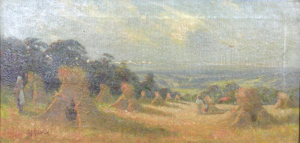 George Sherwood Foster 'Harvesting scene', oil on: George Sherwood Foster 'Harvesting scene', oil on canvas, 31cm x 61.5cm