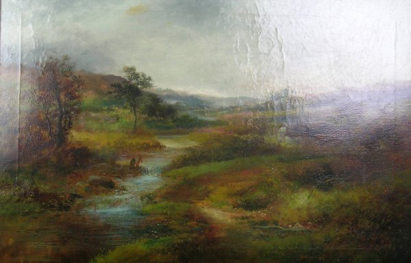 E Nevil 'Anglers in a river landscape', oil on can