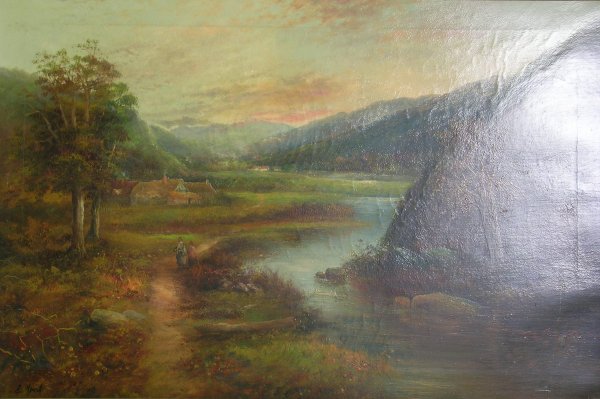 E Nevil 'Anglers in a river landscape', oil on can - 2