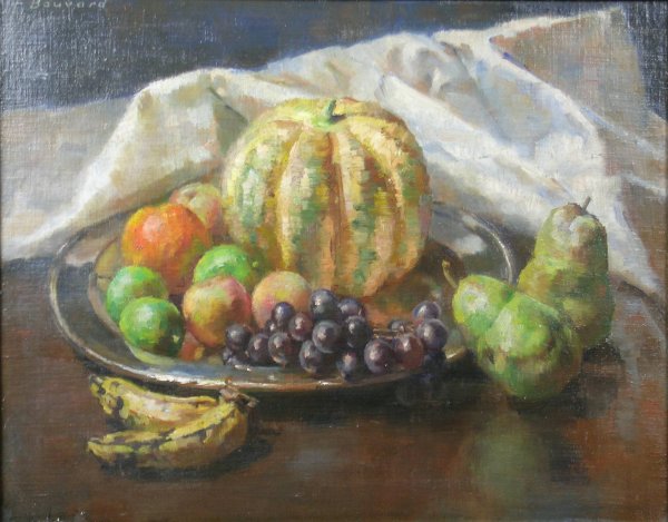F Bouvard 'A still life with pears, melon and gra