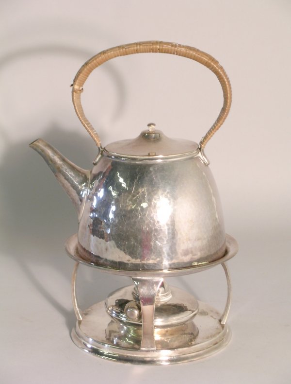 A silver plated spirit kettle, stand and burner,