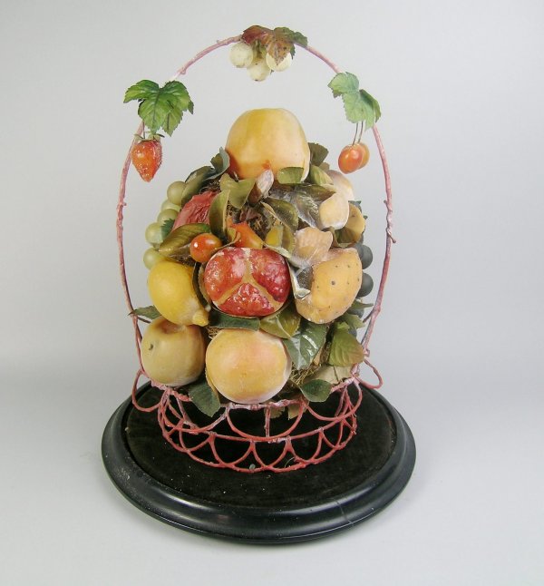 A late Victorian still life basket of wax fruit u