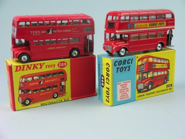 Two boxed London Routemaster buses, the first a Din