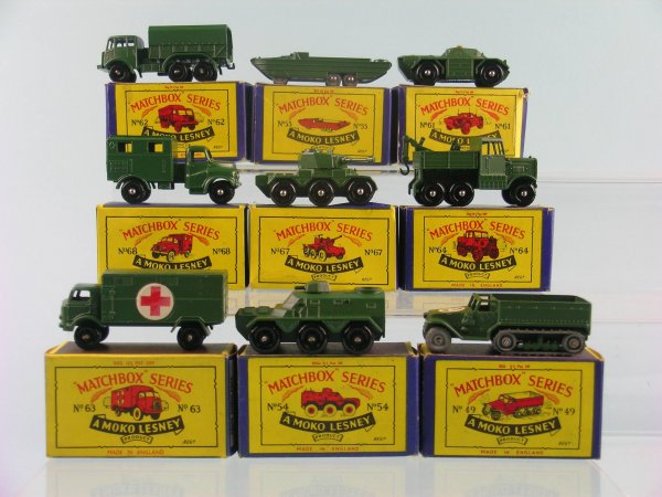 A group of nine Moko Lesney army vehicles, a No. 4