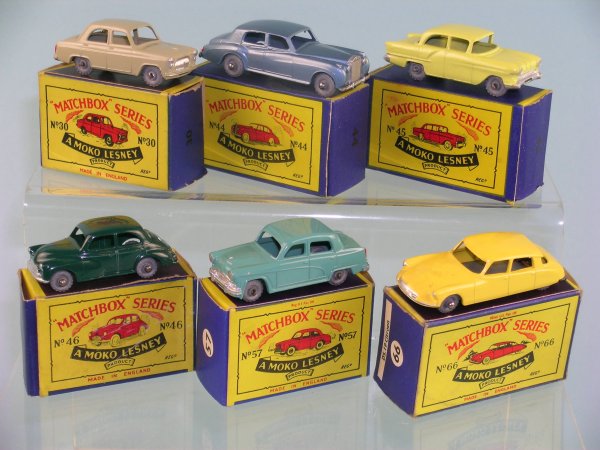 A group of six boxed Moko Lesney saloon cars, mode