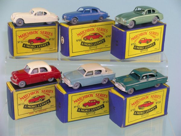 A group of six boxed Moko Lesney Saloon cars, mode