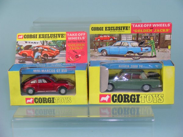 Two Corgi toys boxed cars fitted with golden Jack