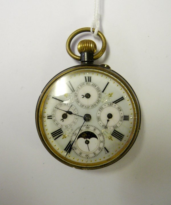 A gun metal cased Swiss pocket watch with decorat