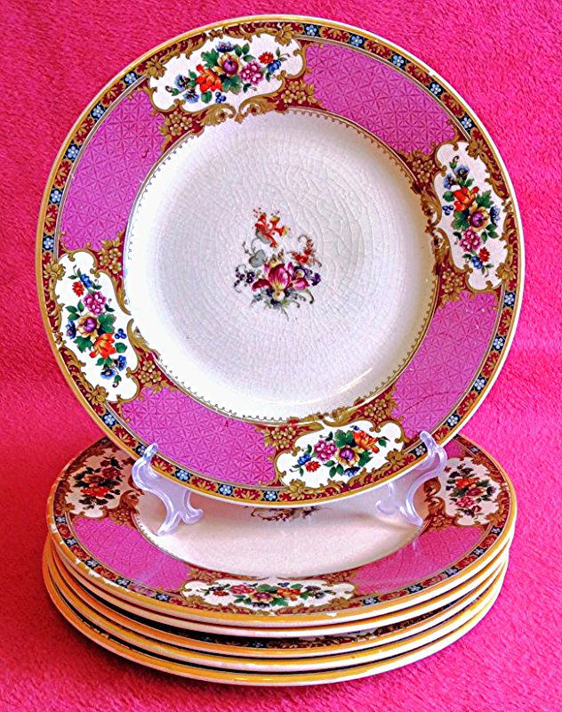 Six Antique Royal Venton Ware Burslem England Plates: Antique Royal Venton Ware-John Steventon & Sons LTD, Burslem England 10 3/4" dinner plates, set of 6. Pink transfer were trim with orange rim, hand painted floral motif within the pink trim have a cre