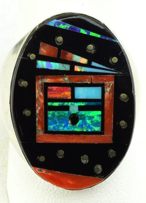 Native American Sterling Silver Multi Stone Inlay Ring (1 of 5)