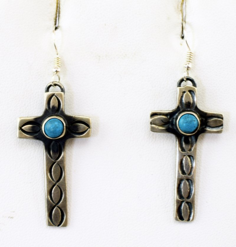 Native American Old Pawn Sterling Cross Earrings: Measures 2 inches long and accented with Turquoise Center stone. Earrings are hand stamped and marked Sterling on back. Unsigned. Weighs 7.2 Grams. Navajo, Old Pawn