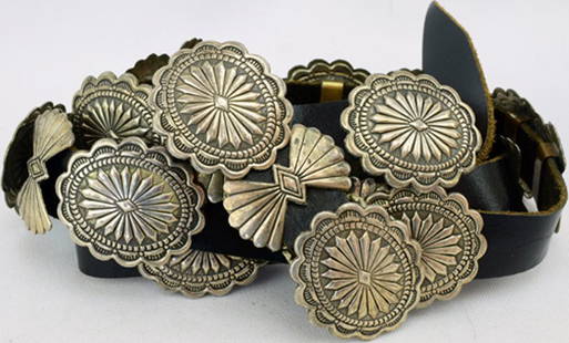 Old Pawn Sterling Silver Navajo Concho Belt: Belt has 12 Oval Conchos with Authentic Navajo design. Conchos measure 1.25 x 1.25. Has 11 Butterfly Conchos which are 1.25 x 7/8 inch. Dark Brown leather Belt is 42 inches long and .75 inches wide. U