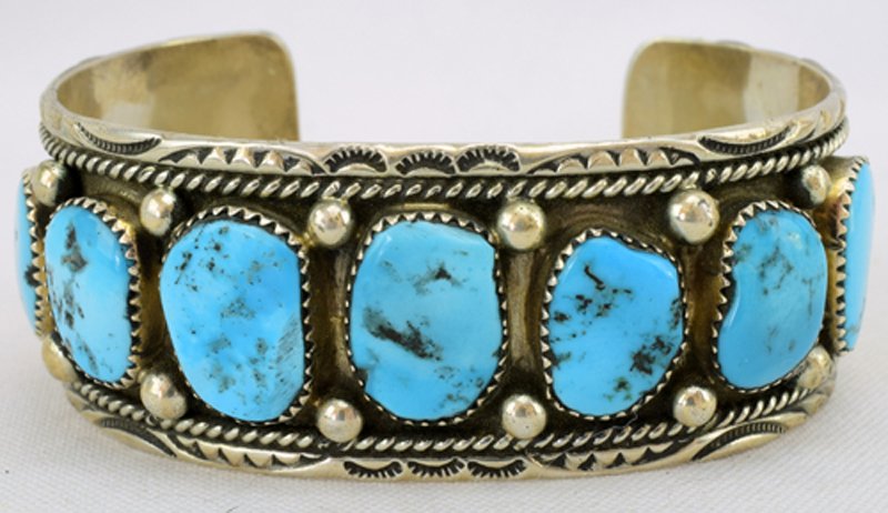 Navajo Sterling Silver Turquoise 7 Stone Cuff Bracelet (1 of 5)
