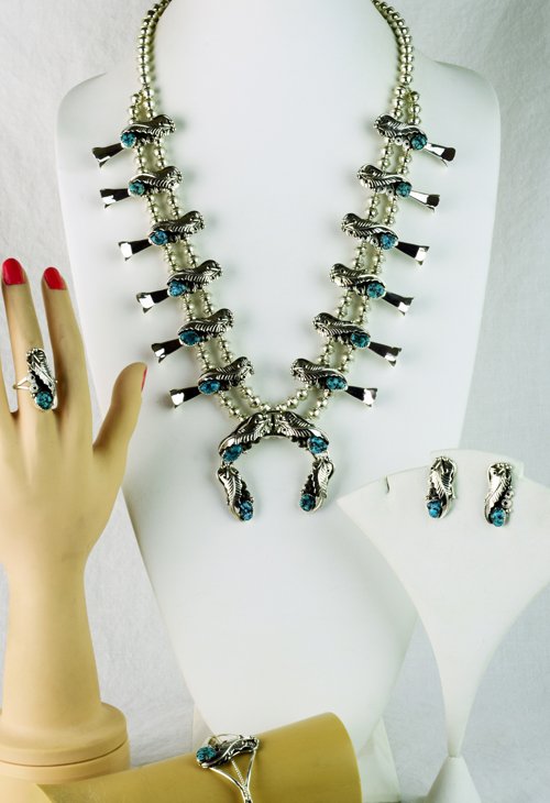 Navajo Sterling Squash Blossom Necklace Set 4 Pcs. (1 of 8)