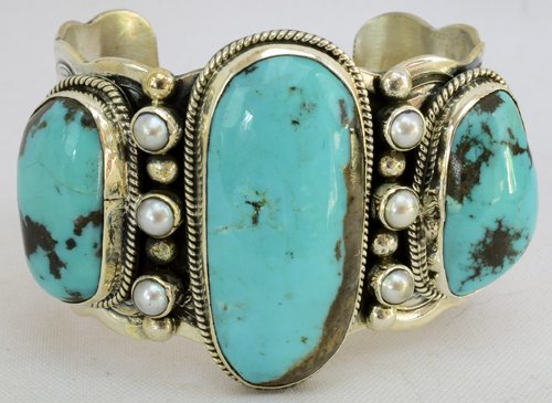 Navajo Turquois Sterling Silver Large 3 Stone Cuff (1 of 5)