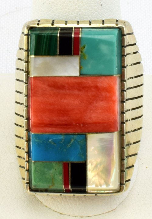 Navajo Sterling Silver Mens Ring in Multi-Stone Inlay (1 of 5)