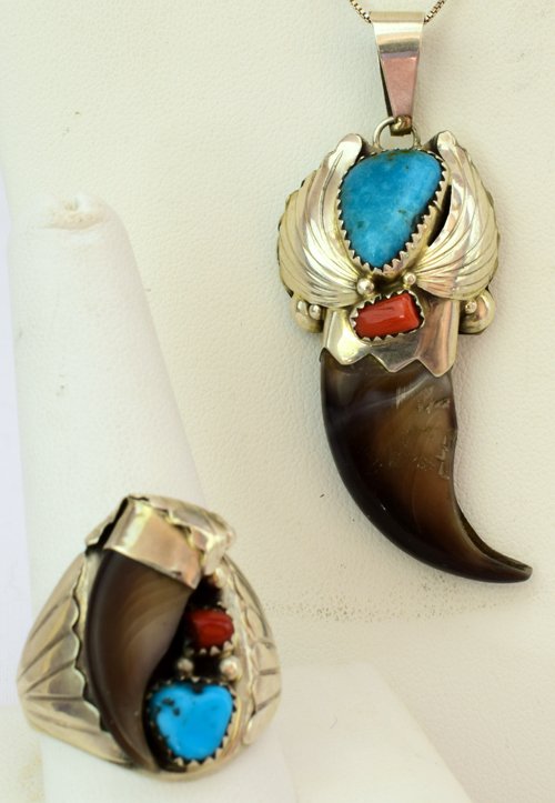 Navajo Sterling Bear Claw Pendant & Ring 2 Pcs. (1 of 4)
