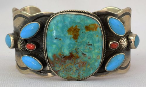 Navajo Sterling Silver Turquoise Cuff Bracelet - Signed (1 of 5)