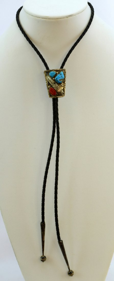 Old Pawn Zuni Sterling Turquoise & Coral Bolo Tie: Kingman Turquoise and Coral Bolo- Inscribed with Bennett Pat. Pend and Zuni artist name - F. Cheama at the base on the back. Kingman Stones measure 5/8 x 3/8 and c .25 x .25; and Red Coral .5” x .25