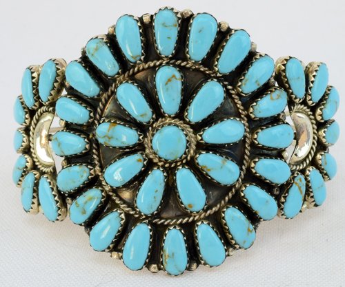 Navajo Sterling Silver Turquoise Cluster Cuff Bracelet (1 of 4)