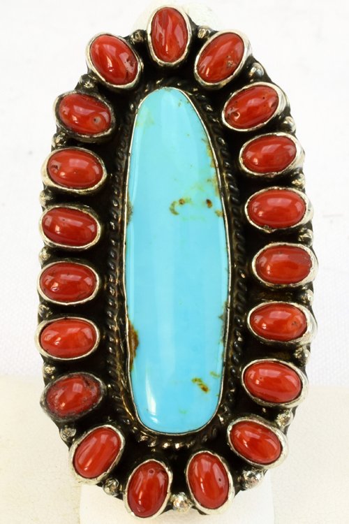 Navajo Sterling Large Turquoise and Coral Ring (1 of 6)