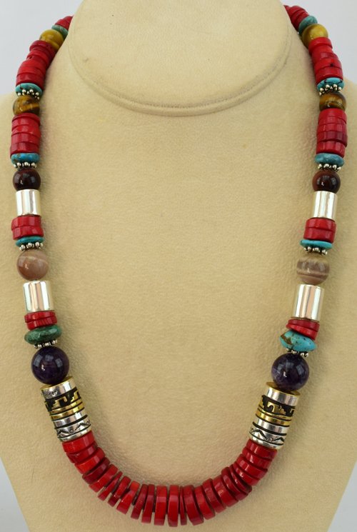 Navajo Coral & Multi-Stone Necklace - T & R Singer (1 of 8)