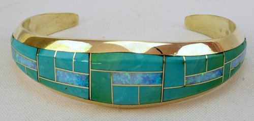 Zuni Sterling Silver Turquoise and Opal Inlay Bracelet (1 of 6)