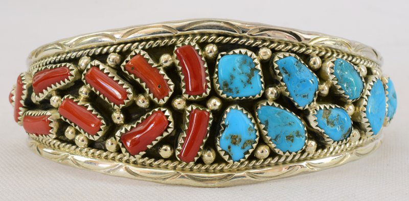Navajo Sterling Turquoise and Coral Nugget Bracelet (1 of 5)