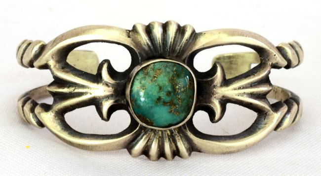 Navajo Sterling Silver Sand Cast Cuff w/Turquoise (1 of 5)