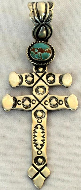 Navajo Sterling Stamped Isleta Cross Pendant w/Turquois (1 of 7)