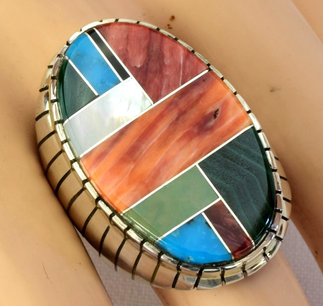 Native American Sterling Silver Multi Stone Inlay Ring (1 of 4)