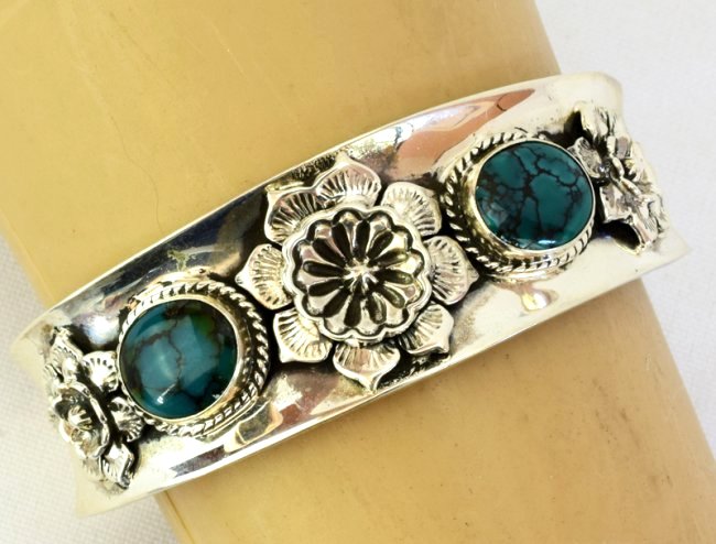 Native American Sterling Turquoise & Cactus Flower Cuff (1 of 6)