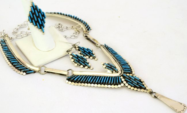 Zuni Sterling Turquoise Necklace, ER and Ring Set (1 of 4)