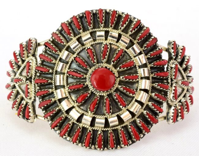 Navajo Sterling Silver Coral Needlepoint Cuff Bracelet (1 of 4)