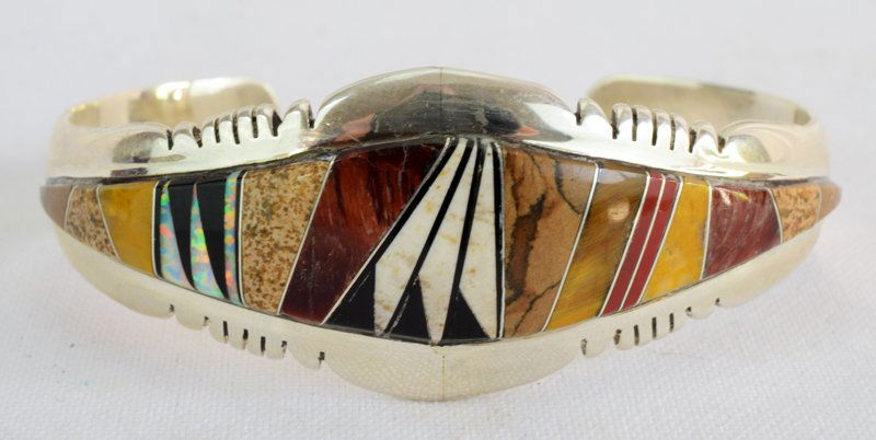 Native American Sterling Multi Stone Inlay Bracelet (1 of 5)