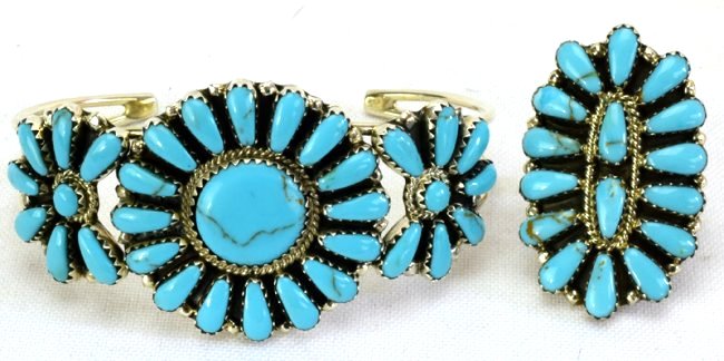 Navajo Sterling Turquoise Cluster Bracelet and Ring (1 of 3)