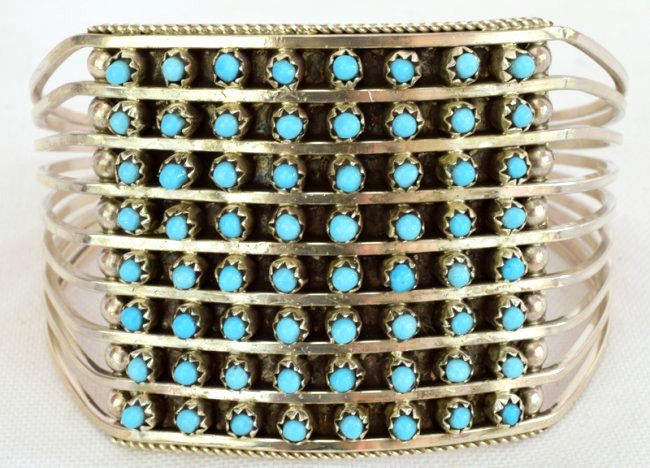 Zuni Sterling Silver Turquoise 8 Row Snake Eye Cuf (1 of 4)
